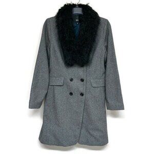 Mossimo XL Gray Black Faux Fur Collar Wool Winter Trench Pea Coat Office Y2K Dou